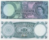 Fiji, 5 Shillings, 1965, UNC, QE II, p51e, Serial Number: C14 102637 (Back side stained)