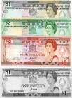 Fiji, 1 Dollar, 2 Dollars and 5 Dollars, (1 Dollar, 1993, UNC, QE II, p89, Serial number: D/1 19975385), (2 Dollars, 1995, UNC, QE II, p90, Serial num...