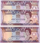 Fiji, 10 Dollars (2), (10 Dollars, 1989, AUNC, QE II, p92, serial number: C/1 734921), (10 Dollars, 1992, UNC, QE II, p94, serial number: F639402)