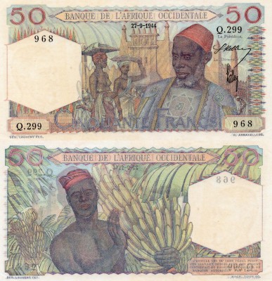 French West Africa (Afrique Occidentale Française), 50 Francs, 1944, UNC, p39, s...