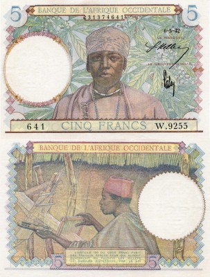 French West Africa (Afrique Occidentale Française), 5 Francs, 1942, UNC, p25, se...