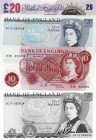 Great Britain, 10 Shillings, 5 Pounds and 20 Pounds, (10 Shillings, 1961, UNC, QE II, p373a, serial number: H48 602228), (5 Pounds, 1988, UNC, QE II, ...