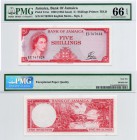 Jamaica, 5 Shillings, 1964,UNC, QE II, PMG 66, p51Ac, serial number: EC 767024
