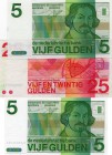 Netherlands, 5 Gulden and 25 Gulden, (5 Gulden, 1973, UNC, p95, serial number: 1450026783), (25 Gulden, 1971, XF, p92, Serial number: 5001410520)