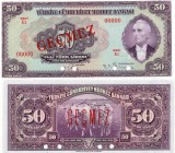 Turkey, 50 Lira, 1947, UNC, 3/2. Emission, SPECİMEN, p142A, Serial Number: E1 00000, (GEÇMEZ) 
Natural
