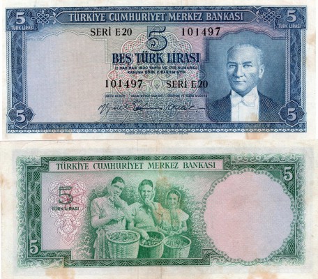 Turkey, 5 Lira, 1959, FİNE, 5/2. Emission, p155, Serial Number: E20 101497
Wash...