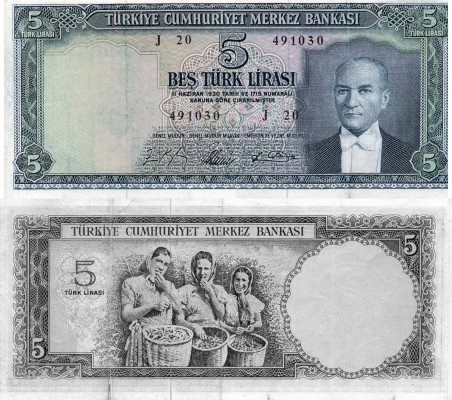 Turkey, 5 Lira, 1965, VF, 5/4. Emission, p174, Serial Number: J20 491030
Washed