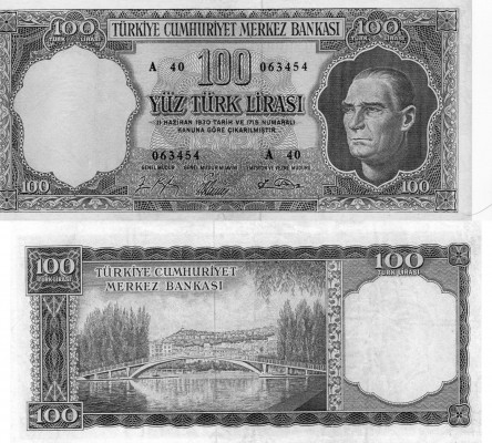 Turkey, 100 Lira, 1964, XF, 5/5. Emission, p177, Serial Number: A40 063454
Pres...