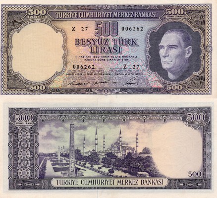 Turkey, 500 Lira, 1968, XF-AUNC, 5/4. Emission, p183, Serial Number: Z27 006262...