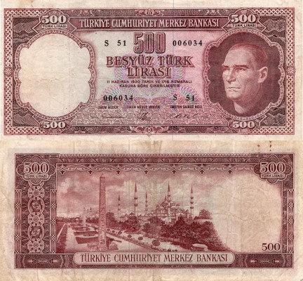 Turkey, 500 Lira, 1962, VF, 5/3. Emission, p178, Serial Number: S51 006034
Natu...