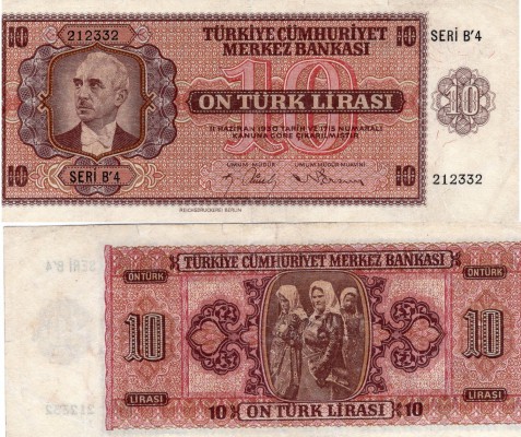 Turkey, 10 Lira, 1942, VF, p141, 3/1 Emission, Serial number: B4 212332
Lightly...