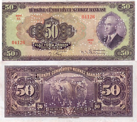 Turkey, 50 Lira, 1942, VF-XF, SPECİMEN, p142, 3/1. Emisssion, Serial number: S3 ...