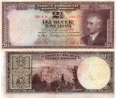 Turkey, 2, 1/2 Lira, 1947, XF, p140, 3/1. Emission, serial number: B34 090356 
Pressed
