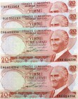 Turkey, 20 Lira (3), (20 Lira, 1974, UNC, p187, 6/2. Emission, serial number: C86 014294, Mustafa Kemal Atatürk portrait), (20 Lira, 1979, UNC, not li...