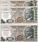 Turkey, 100 Lira (2), 1972, UNC, p189, 6/1. Emission, serial numbers: B71 083939 / C60 020616, Mustafa Kemal Atatürk portrait