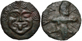 Scythia. Olbia. Circa 450-425 BC. AE Cast Unit (65mm, 103.15g, 2h). Gorgoneion with protruding tongue facing / A-P-I-X, eagle flying right holding a d...