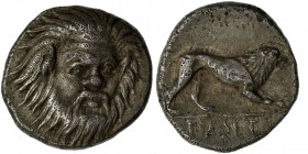 Cimmerian Bosporos. Pantikapaion. Circa 370-355 BC. AR Hemidrachm (14mm, 2.56g, 1h). Head of Satyr facing slightly right / Crouching Lion right, below...
