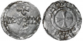 Belgium. Brussels. Otto II. Ca 973-983. AR Denar (19mm, 1.17g). Brussels mint. A / BIIIOSЄ / Ƨ, legend in three lines / [__]O+ [__]OTIP[__], cross. Il...