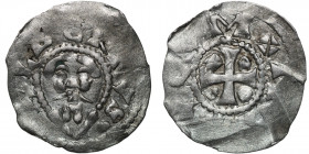 Belgium. Lower Lorraine. Albert III 1063-1102. AR Denar (17mm, 0.89g). Namur mint. [A]LBERTVS, bust facing / +NA[MV]C[_], cross with cross in opposing...