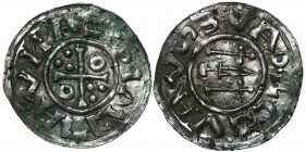 Czechia. Bohemia. Boleslav III 999 – 1002/3. AR Denar (20mm, 1.03g). Prague mint. ELOTCZLAVS, two crosses, in between sword / VALCMIPZAN, cross with o...