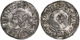 Denmark. Time of Svend Forkbeard – Cnut The Great 1000/5–1020. AR Penny (19mm, 1.61 g). Imitation of Æthelred II Helmet type. Lund mint. Struck after ...