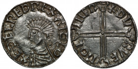 England. Aethelred II 978-1016. AR Penny (20mm, 1.40g, 4h). Long Cross type (BMC IVa, Hild. D). Leicester mint; moneyer Thorulfr/Thurulf. Struck circa...