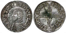 England. Aethelred II 978-1016. AR Penny (19.5mm, 1.75g, 1h). Long Cross type (BMC IVa, Hild. D). Winchester mint; moneyer Beorhtsige. Struck circa 99...