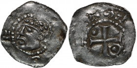 France. Toul Diocese. Berthold 996-1018. AR Denar (19mm, 1.32g). Toul mint. [+OTT]O [R]E[X], diademed head left / Cross with pellet in opposing angle....