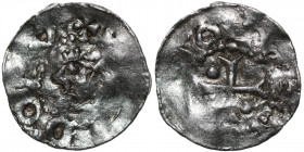 France. Toul Diocese. Otto III 983-1002 (?). AR Obol (15mm, 0.57g). Toul mint. +[OD]DO [_] V, head left / [__]O[__], cross with pellet in opposing ang...