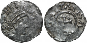 Germany. Maastricht. Heinrich II 1002-1014. AR Denar (18mm, 1.33g). Maastricht mint. HEINR[ICVS]REX, diademed bust right / TRA[__]ONETA, cross, pellet...