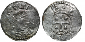 Germany. Franconia. Otto III 983-1002. AR Denar (18mm, 1.15g). Würzburg mint. [S] KILI[AN] S, bust of St. Kilian right / •O[T]TO I[MP]E, cross with pe...