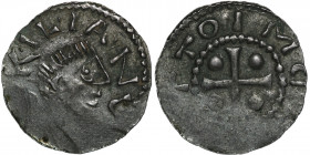 Germany. Franconia. Otto III 983-1002. AR Denar (18mm, 0.90g). Würzburg mint. [S] KILIAN S, bust of St. Kilian right / [•O]TTO IMP[E], cross with pell...