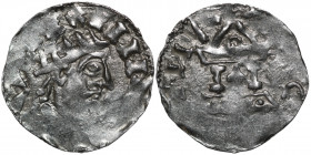 Germany. Swabia. Heinrich II 1002-1024. AR Denar (19mm, 1.22g). Strasbourg mint. +HIN[RC]V[S], crowned head right / [AR]G[ENTI]NA, church with cross i...