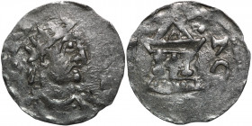 Germany. Swabia. Heinrich II 1002-1024. AR Denar (19mm, 1.29g). Strasbourg mint. [+HEINRCVS], crowned head right / ARG[ENTINA], church with cross in t...