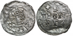 Germany. Swabia. Heinrich II 1002-1024. AR Denar (20mm, 1.32g). Strasbourg mint. HE[INRICVSRE]X, crowned head right / [A]RGE[N]-TIGN[A], cross written...