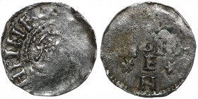 Germany. Duchy of Swabia. Heinrich II 1002-1024. AR Obol (16mm, 0.67g). Strasbourg mint. HEINR[ICVSREX], crowned head right / [AR]GEN-[T]IGN[A], cross...