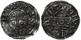 Germany. Duchy of Bavaria. Heinrich IV 995-1002. AR Denar (20mm, 1.30g). Neuburg mint; moneyer Diot. HENRICVSDVX, cross with pellet in opposing angles...