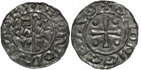 The Netherlands. Bishop of Utrecht. Bernold 1040-1054 AR Denar (16mm, 0.64g). Groningen mint. +ERSOSBASD, crosier with BACV VLS on each side / +GRONIG...
