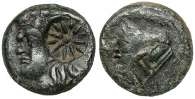 Greece, Thrace / Chersonesus, Panticapaeum (310-303 BC) AE19 - Countermarked Twelve-rayed sunburst pseudo-countermark.
 Obverse: Wreathed head of bea...
