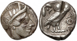 Greece, Attica, Athens (454-404 BC) AR Tetradrachm Obverse: Head of Athena right, wearing crested Attic helmet ornamented with three laurel leaves and...