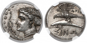 Greece, Paphlagonia, Sinope, AR Drachm (360-320 BC) Obverse: Head of the nymph Sinope to left, wearing a triple pendant earring and a pearl necklace. ...