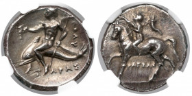 Greece, Calabria, Tarentum, AR Didrachm (281-240 BC) Obverse: Nude youth on horse right, cornucopiae behind him. Reverse: TAΡAΣ Phalanthos on dolphine...