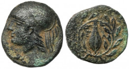 Greece, Elaea (350-300 BC) AE11 Obverse: Head of Athena left, wearing crested Corinthian helmet. Reverse: E-Λ Grain seed, all in olive wreath. Bronze,...