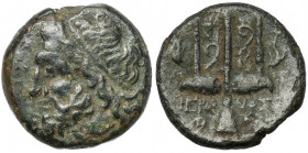 Greece, Sicily, Syracuse, Hieron II (275-215 BC) AE18 Obverse: Head of Poseidon to right.&nbsp; Revers: IEPΩNOΣ Trident flanked by two dolphins swimmi...
