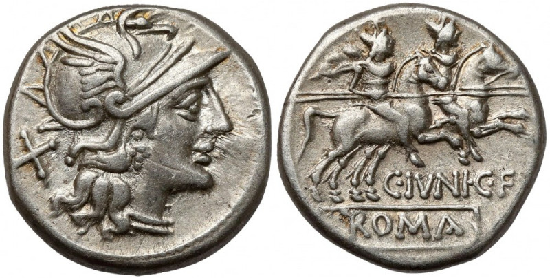 Roman Republic, C. Junius C.f. (149 BC) AR Denarius Obverse: Helmeted head of Ro...