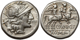 Roman Republic, C. Junius C.f. (149 BC) AR Denarius Obverse: Helmeted head of Roma right, behind X (mark of value) Reverse: C.IVNI.C.F / ROMA The Dios...