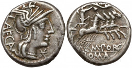 Roman Republic, M. Porcius Laeca (125 BC) AR Denarius Obverse: LAECA Helmeted head of Roma right, mark of value. Reverse: M.PORC / ROMA Libertas, hold...