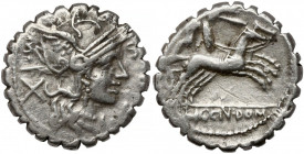 Roman Republic, L. Licinius Crassus, Domitius Ahenobarbus and L. Cosconius (118 BC) AR Denarius Serratus Obverse: L COSCO M F Helmeted head of Rome to...