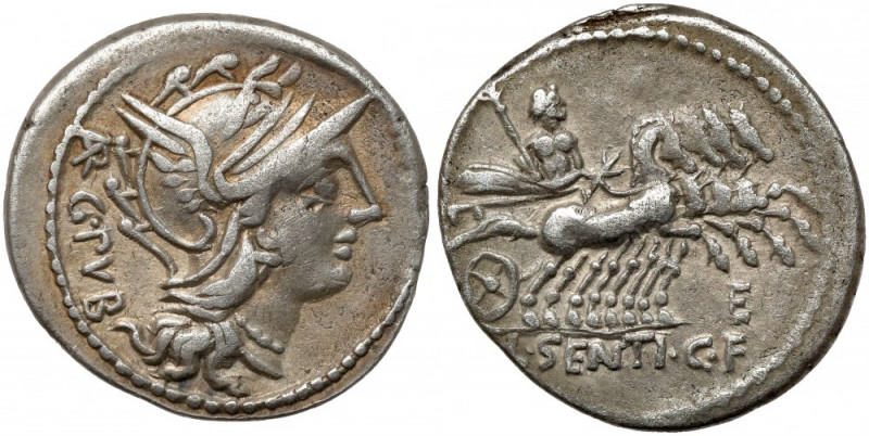 Roman Republic, L. Sentius C.f. (101 BC) AR Denarius Obverse: AR / G.PVB Helmete...