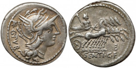 Roman Republic, L. Sentius C.f. (101 BC) AR Denarius Obverse: AR / G.PVB Helmeted head of Roma to right. Reverse: L.SENTI.C.F. Jupiter, holding scepte...